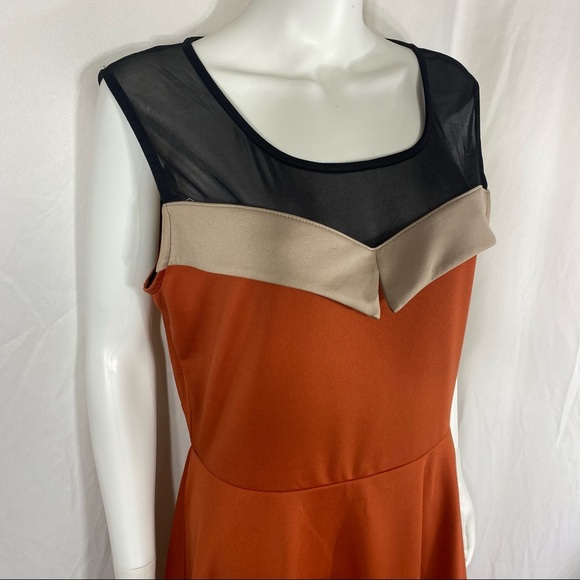 O'- Sher Sleeveless Burnt Orange  Netted Top Fit & Flare Dress - Picture 2 of 6